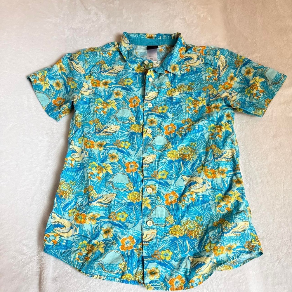 Hawaiin Shirt Shark Floral Print Button Short Sleeve Shirt